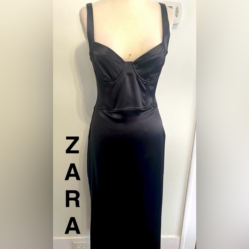 ZARA Elegant Black Satin Corset Style Midi Dress - Size L - NEW